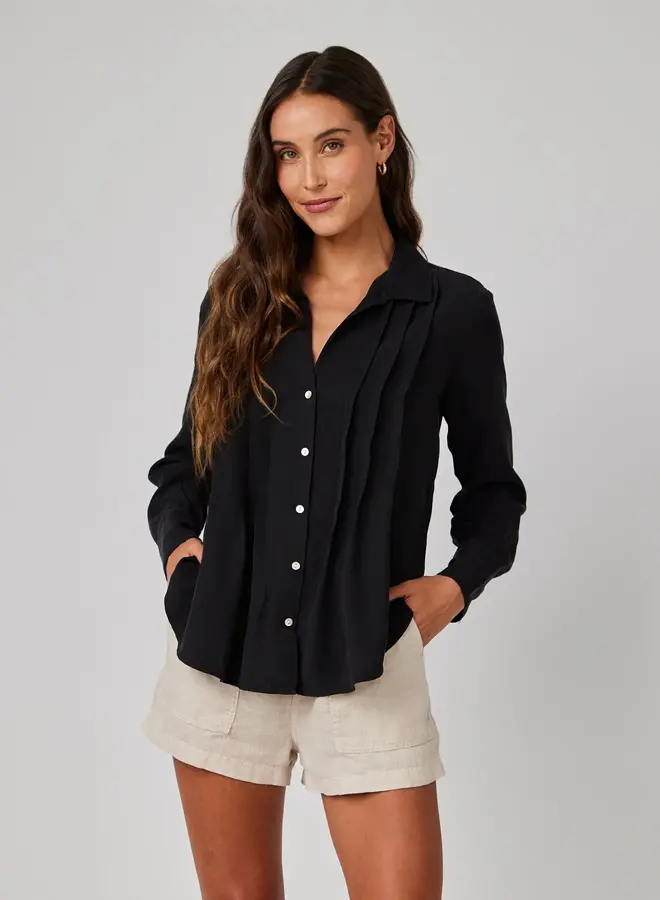 Pintuck Button Down Blouse - Black -