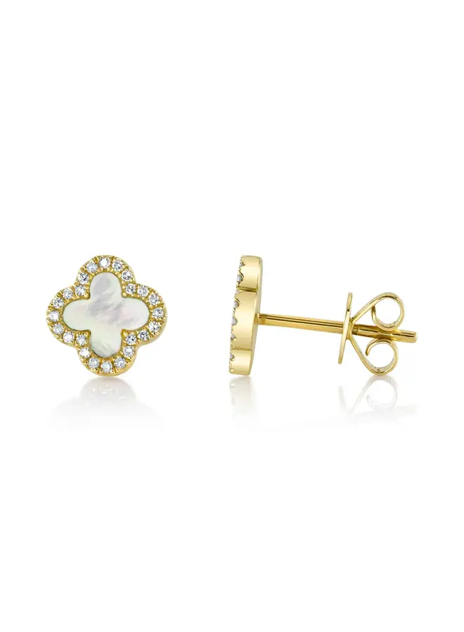 14K Yellow Gold Diamond (.11ct) Mother of Pearl (.35ct) Clover Earrings