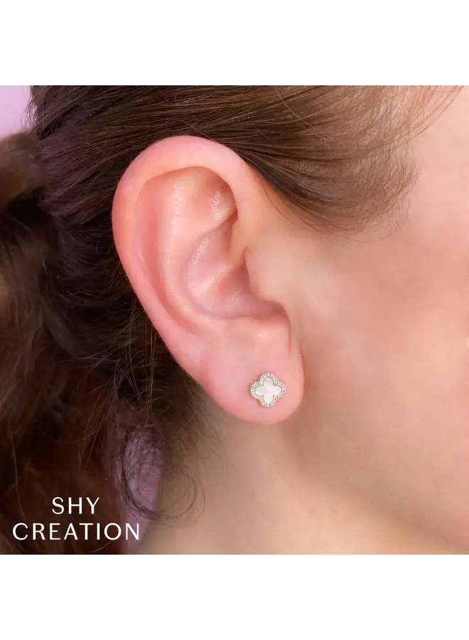 14K Yellow Gold Diamond (.11ct) Mother of Pearl (.35ct) Clover Earrings
