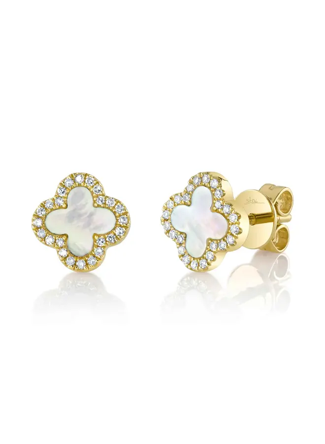 14K Yellow Gold Diamond (.11ct) Mother of Pearl (.35ct) Clover Earrings