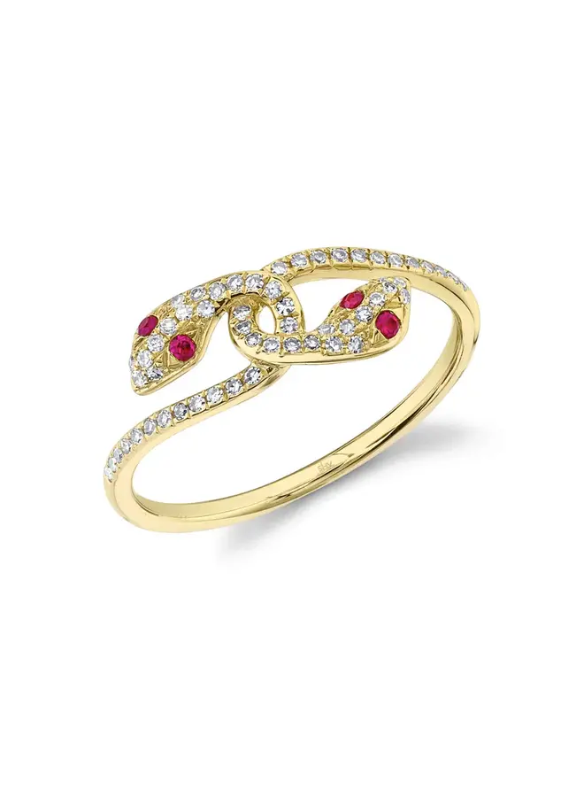 14K Yellow Gold, Diamond (.15ct) and Ruby (.05ct) Snake Hug Ring (Size 7)