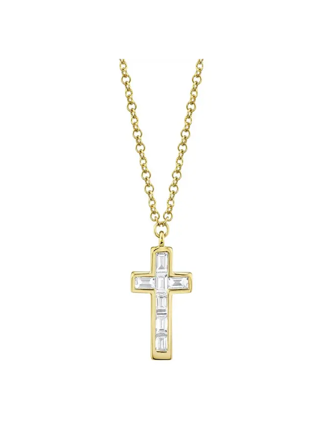 14K Yellow Gold and Diamond Baguette Cross Necklace (.17ct)