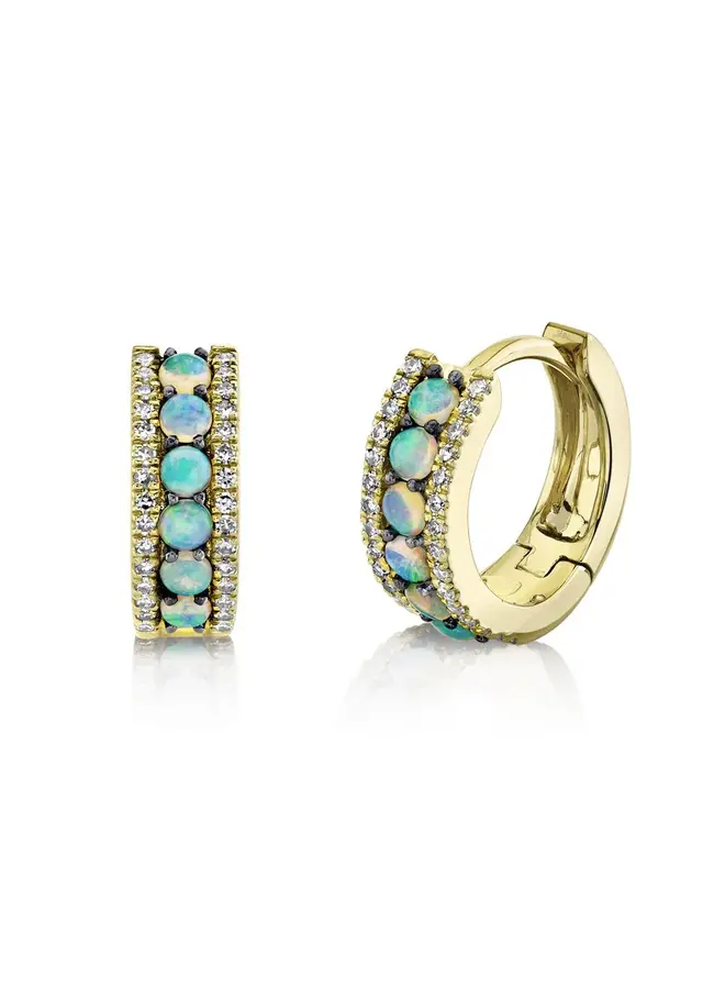 14K Yellow Gold, Diamond (.15ct) and Opal (.28ct) Huggie Earrings