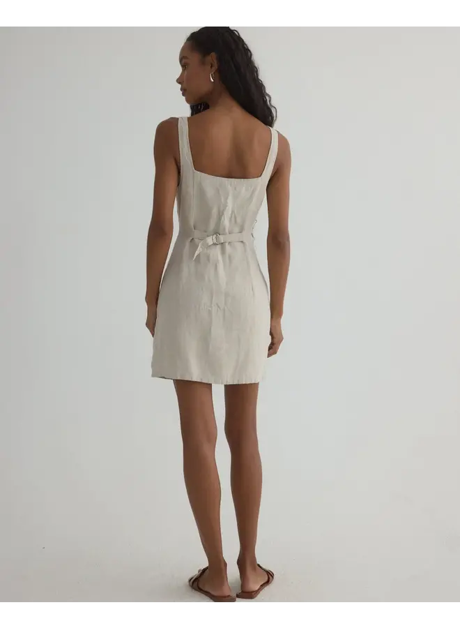 Square Neck Button Front Mini Dress - Linen Sand -