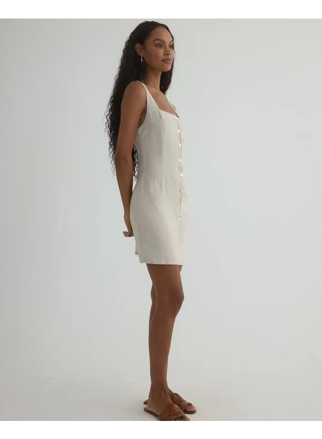 Square Neck Button Front Mini Dress - Linen Sand -