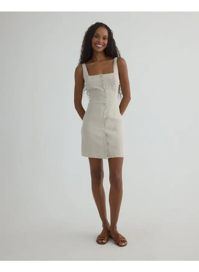 Square Neck Button Front Mini Dress - Linen Sand -