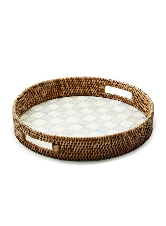 Sterling Check Enamel & Rattan Round Serving Tray