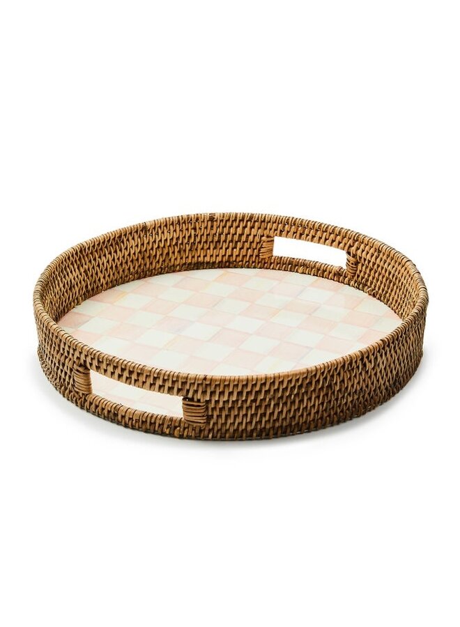 Rosy Check Enamel & Rattan Round Serving Tray