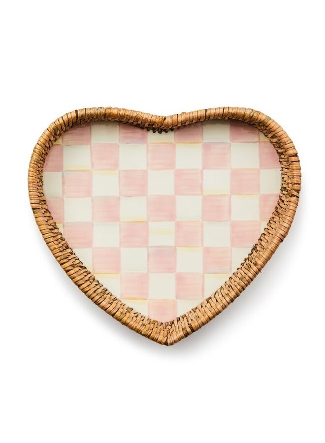 Rosy Check Enamel & Rattan Heart Tray