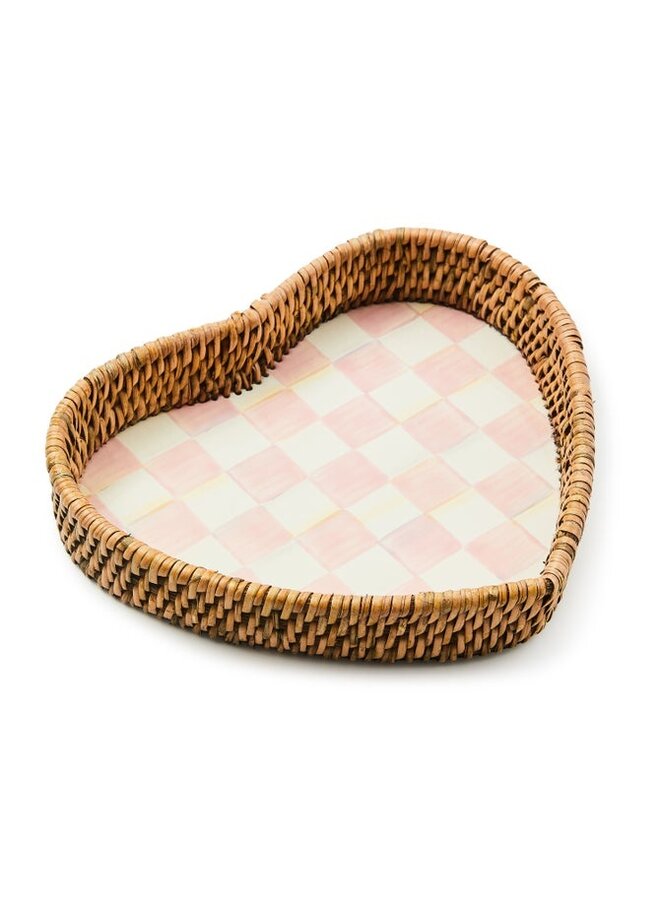 Rosy Check Enamel & Rattan Heart Tray