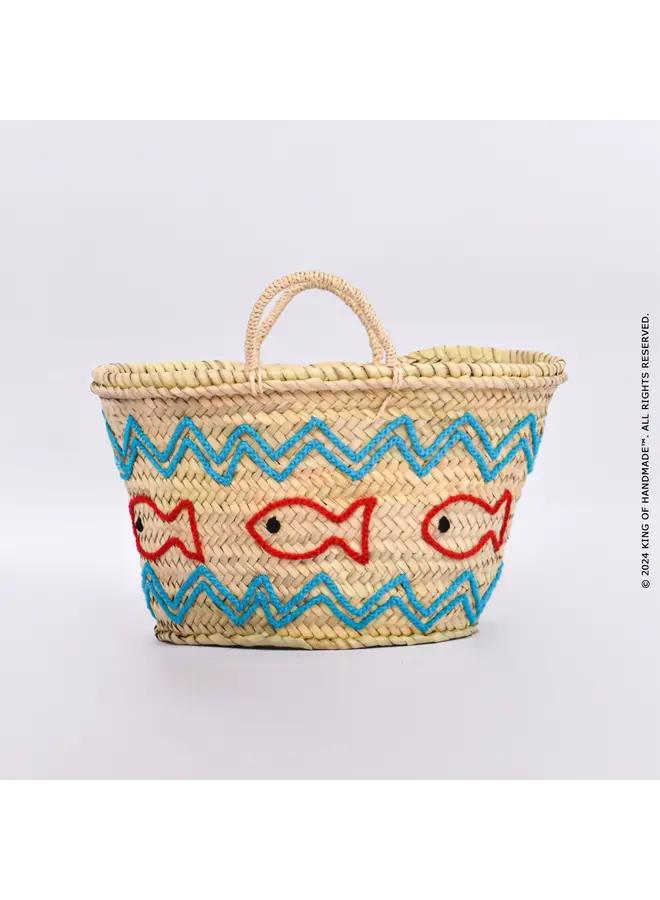 Handwoven Straw Beach Bag with Fish Motif - Vacation Bag