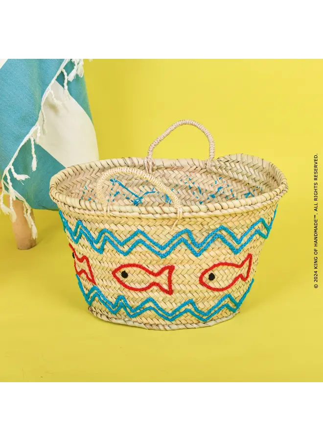 Handwoven Straw Beach Bag with Fish Motif - Vacation Bag