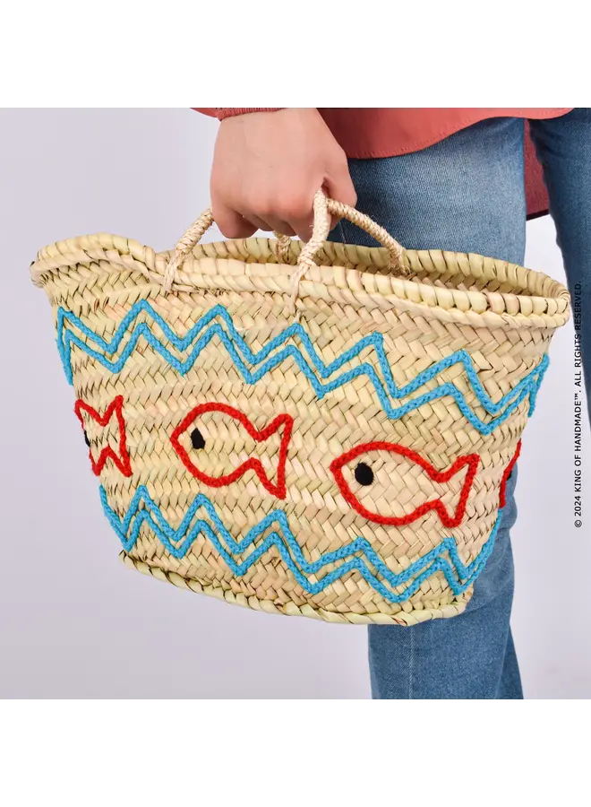 Handwoven Straw Beach Bag with Fish Motif - Vacation Bag