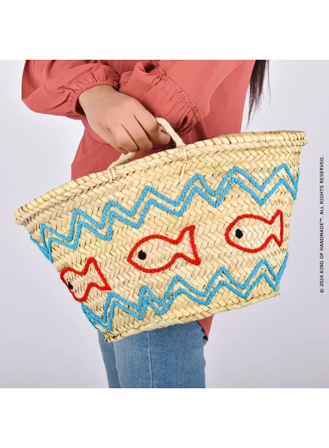 Handwoven Straw Beach Bag with Fish Motif - Vacation Bag