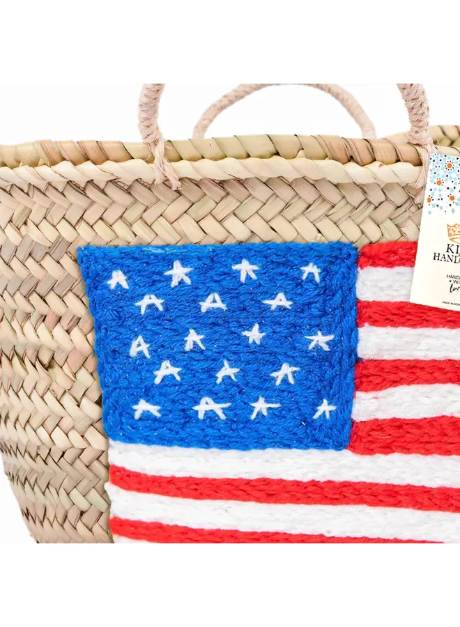 Handcrafted Woven Straw Bag with Us Flag - Patriotic Tote