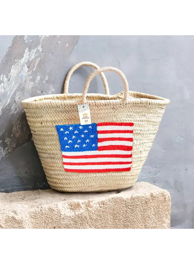 Handcrafted Woven Straw Bag with Us Flag - Patriotic Tote