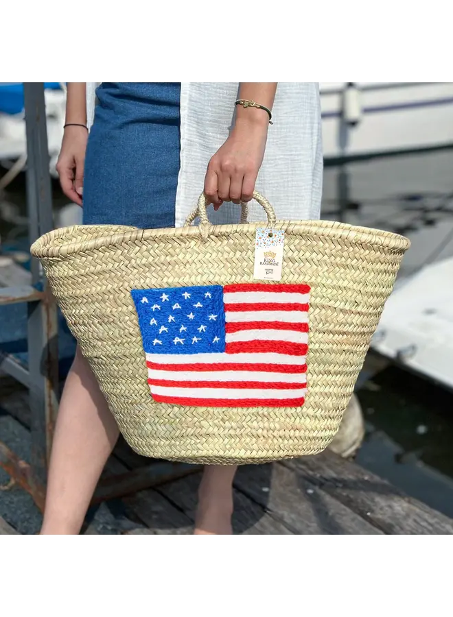 Handcrafted Woven Straw Bag with Us Flag - Patriotic Tote