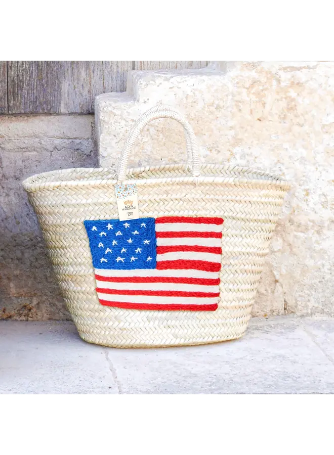 Handcrafted Woven Straw Bag with Us Flag - Patriotic Tote