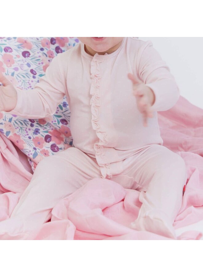 Pin Dot Pink Ruffle Placket Footie