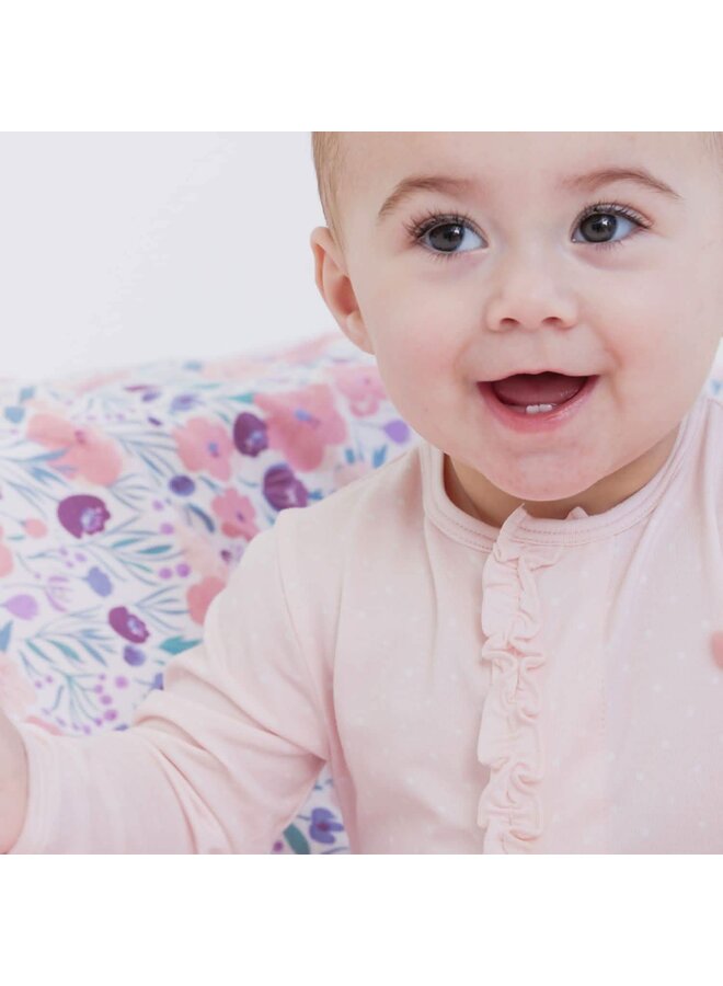 Pin Dot Pink Ruffle Placket Footie