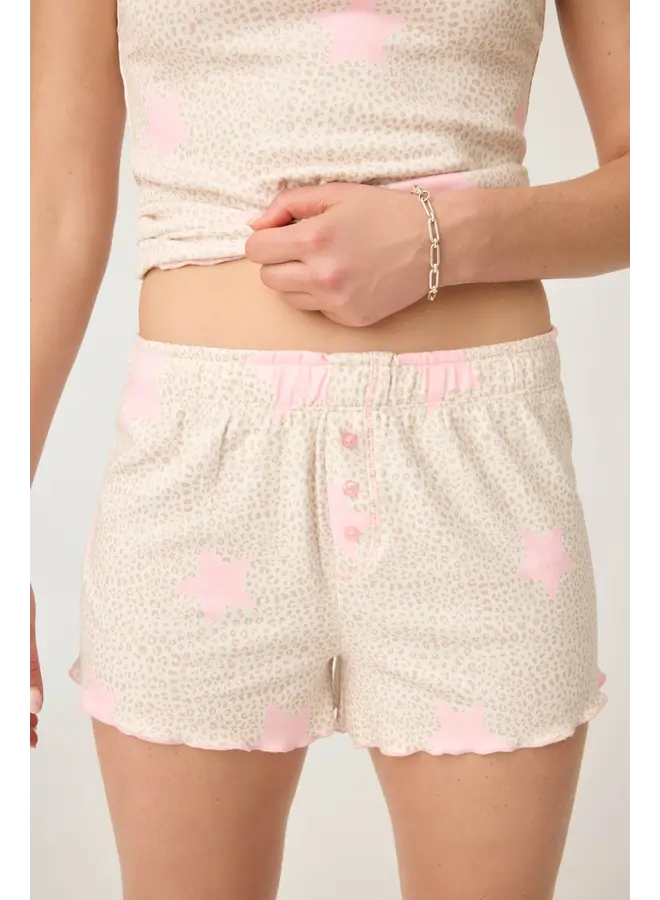 Stay Wild Leopard & Star Print Pointelle Shorts - Oatmeal -
