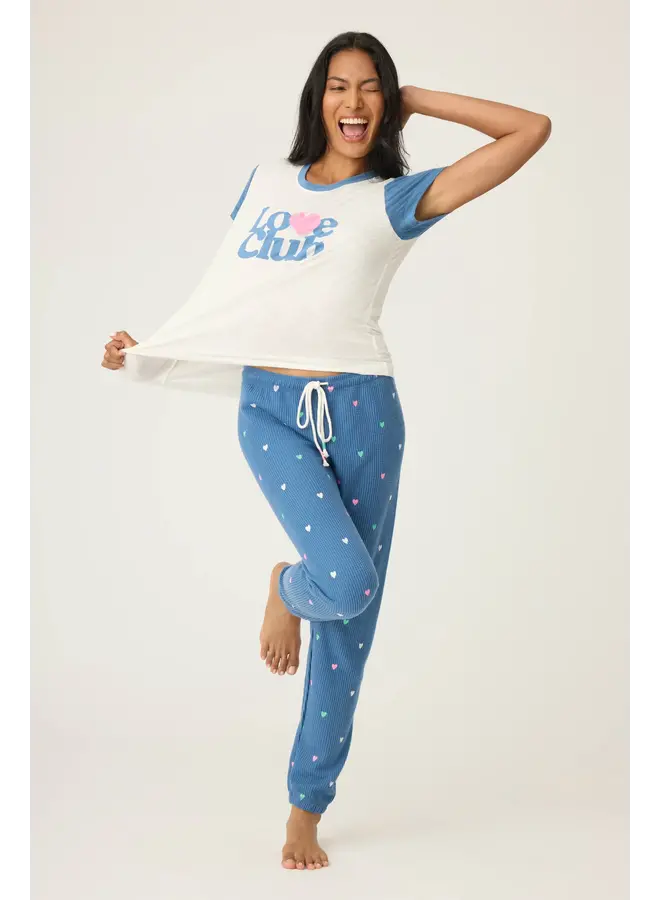 Love Club Banded Lounge Pants with Embroidered Hearts -