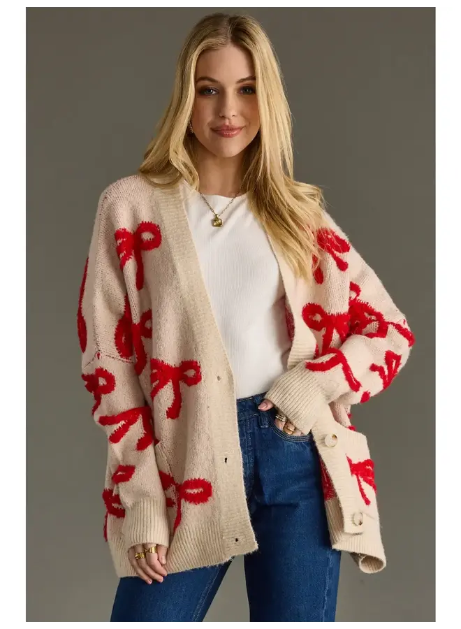 Tan & Red Bow Cardigan -