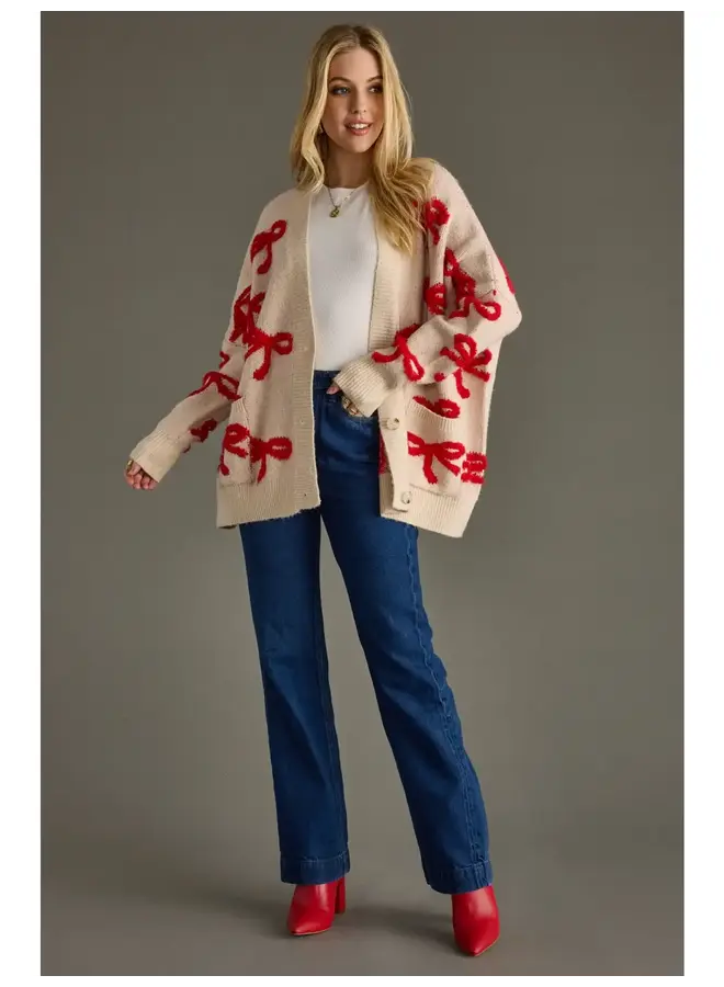 Tan & Red Bow Cardigan -