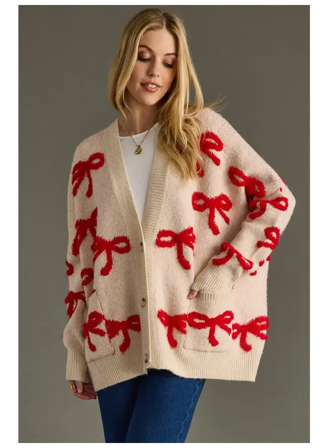 Tan & Red Bow Cardigan -