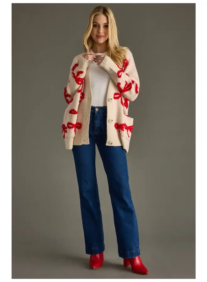 Tan & Red Bow Cardigan -