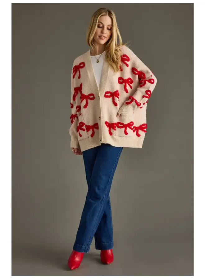 Tan & Red Bow Cardigan -