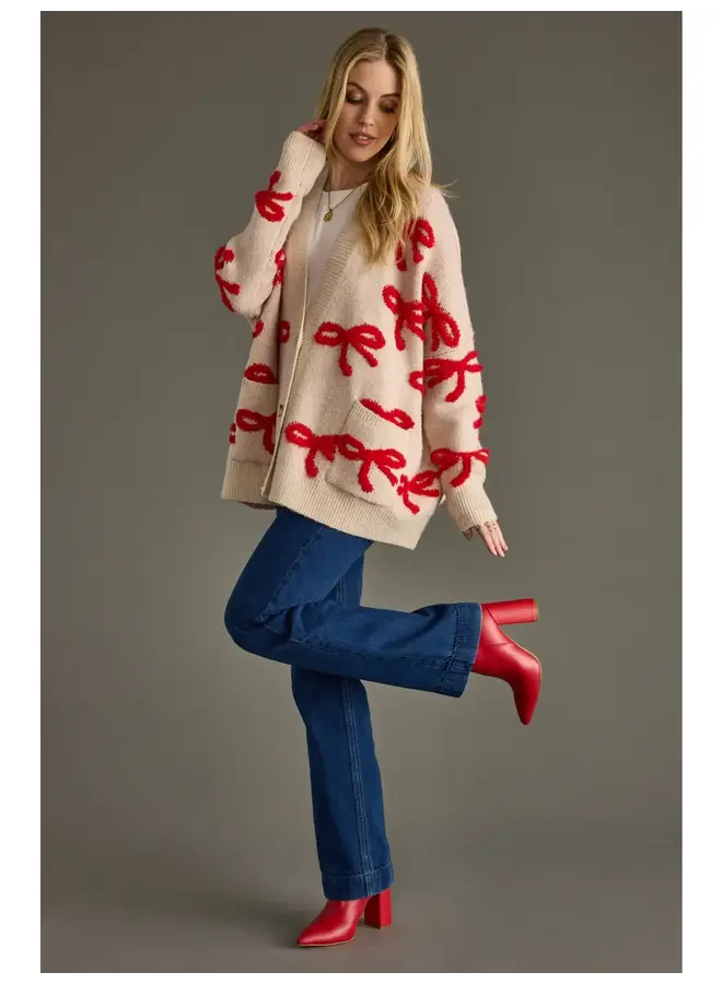 Tan & Red Bow Cardigan -