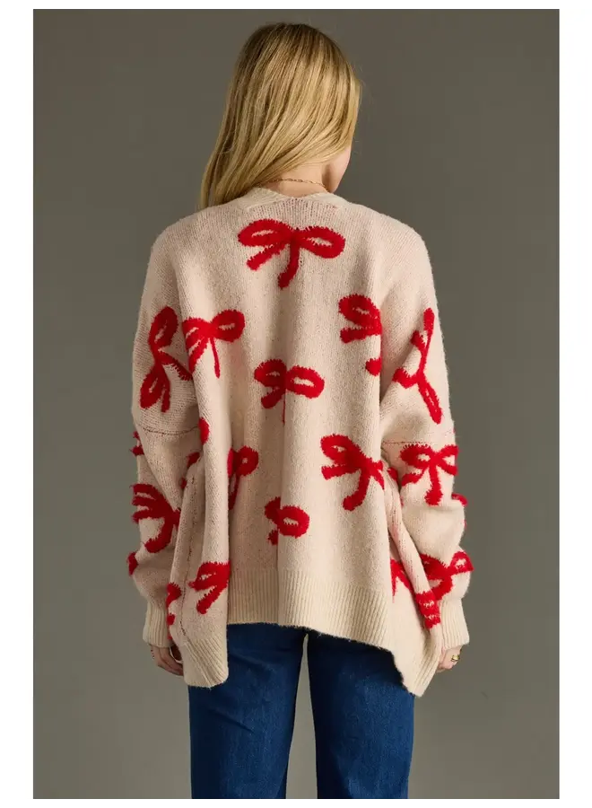 Tan & Red Bow Cardigan -