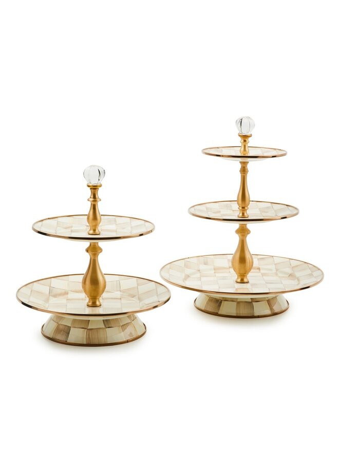 Mocha Check Enamel Three Tier Sweet Stand