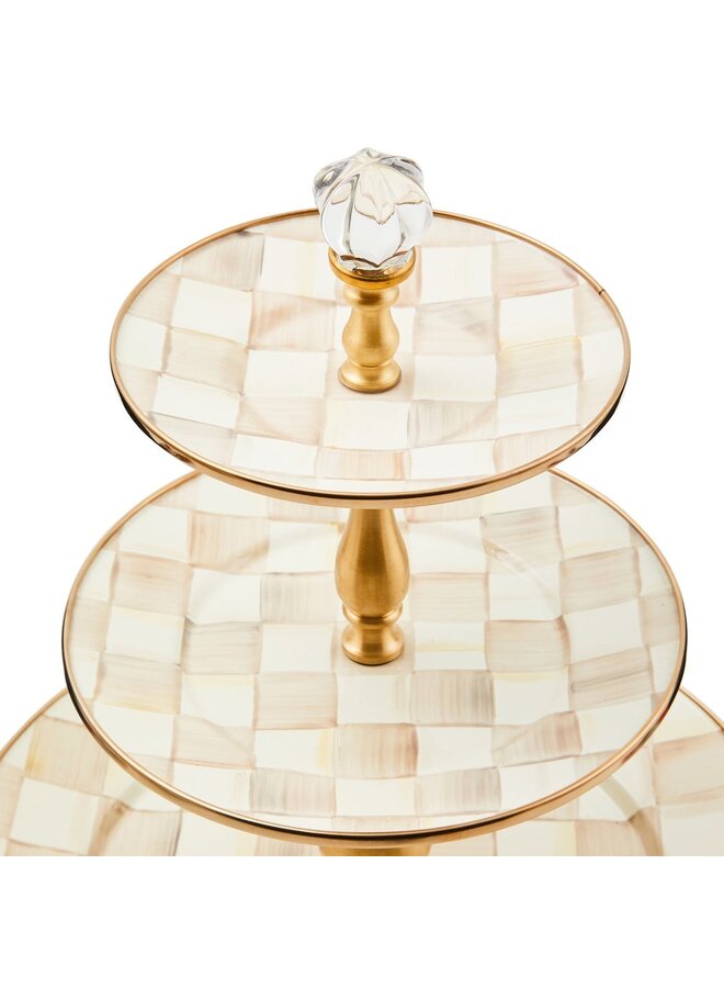Mocha Check Enamel Three Tier Sweet Stand