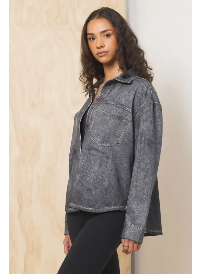 Washed Denim Fleece Shacket - Black -