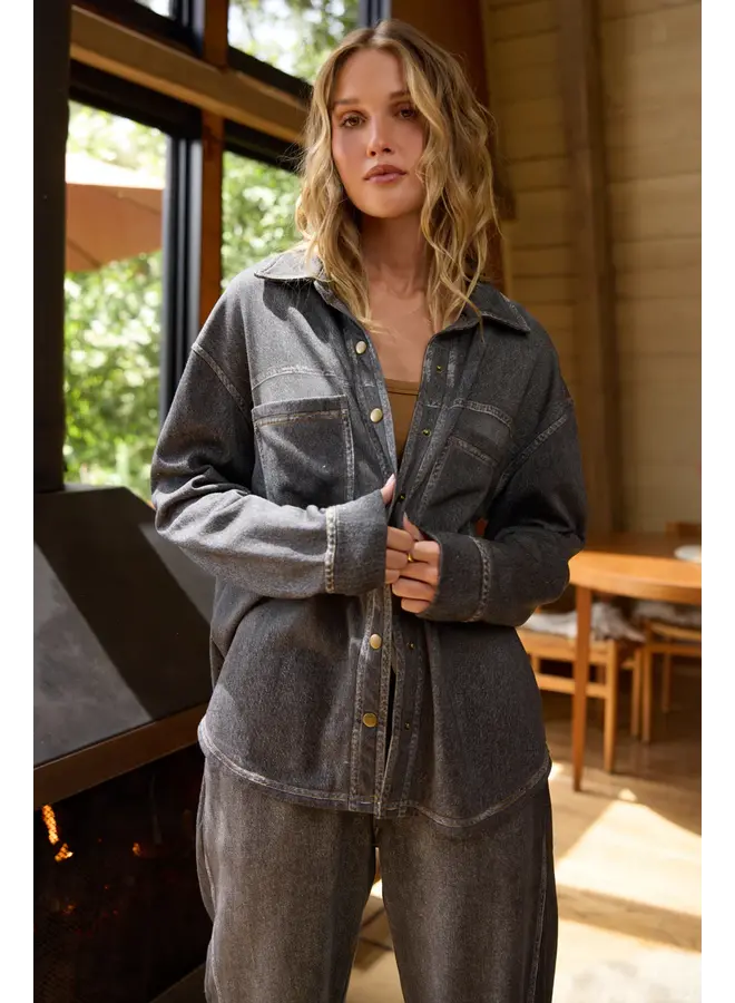 Washed Denim Fleece Shacket - Black -