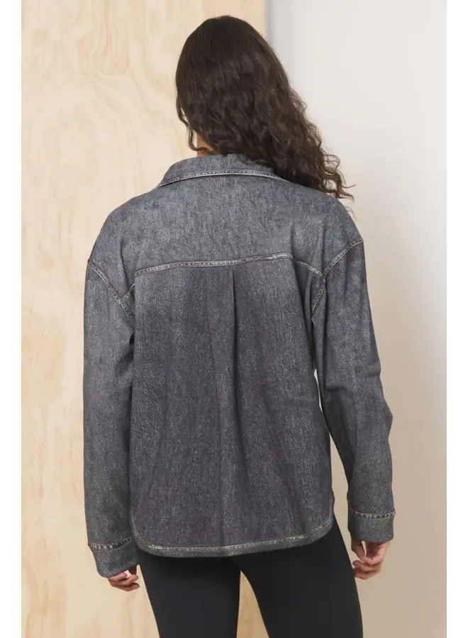 Washed Denim Fleece Shacket - Black -
