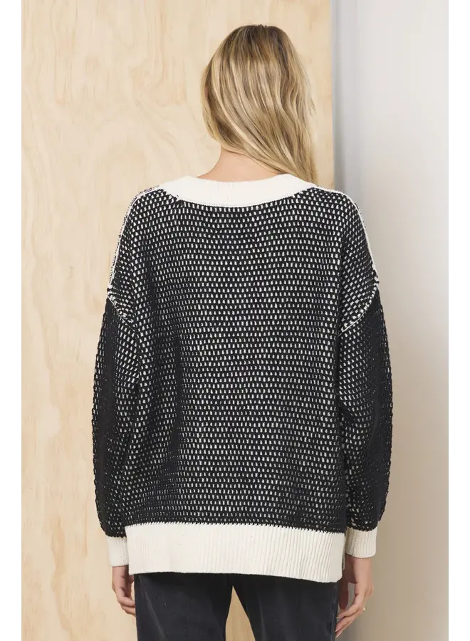Honeycomb Knit V-Neck Sweater - Ivory/Black -