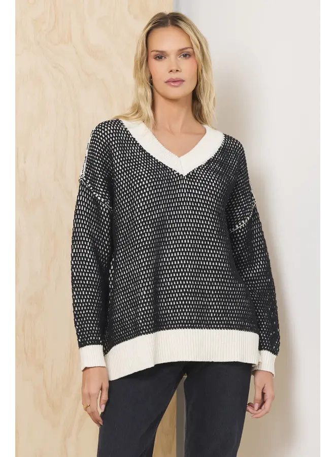 Honeycomb Knit V-Neck Sweater - Ivory/Black -