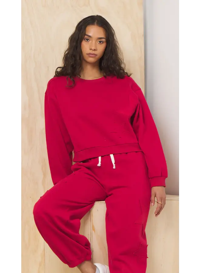Scarlet Fleece Crew with Star Appliqué -