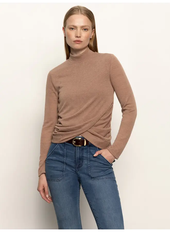 Long Sleeve Draped Mock Neck Top - Mocha -