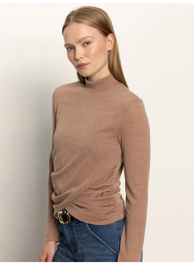 Long Sleeve Draped Mock Neck Top - Mocha -