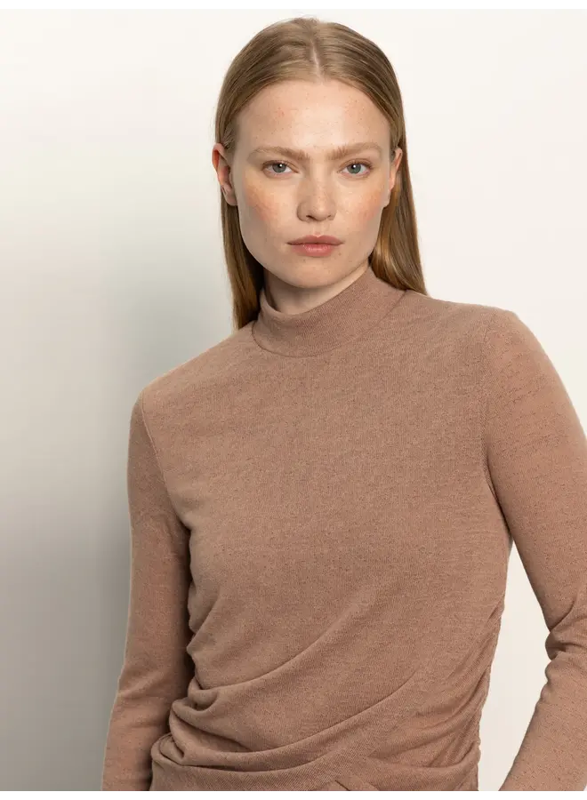 Long Sleeve Draped Mock Neck Top - Mocha -