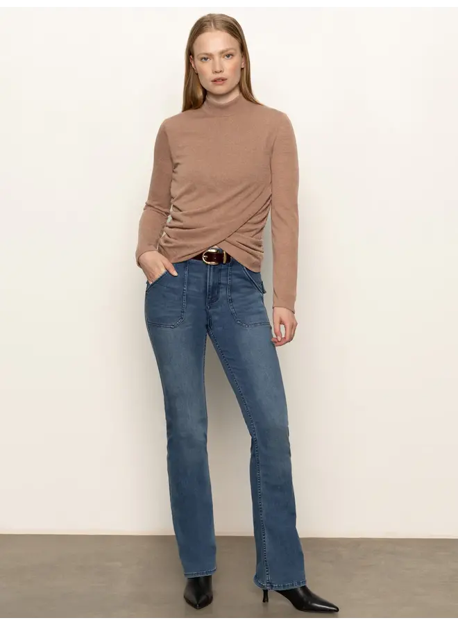 Long Sleeve Draped Mock Neck Top - Mocha -