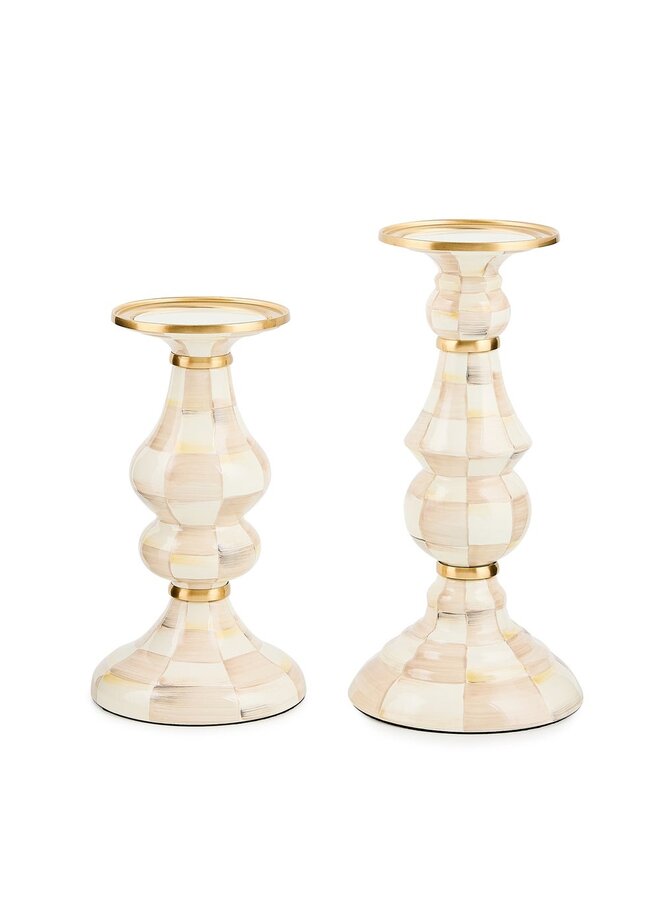 Mocha Check Enamel Pillar Candlestick - Medium