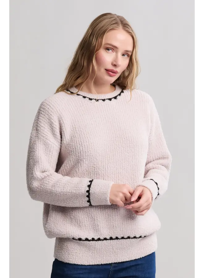 Cozychic Ribbed Sweater with Blanket Stitch -