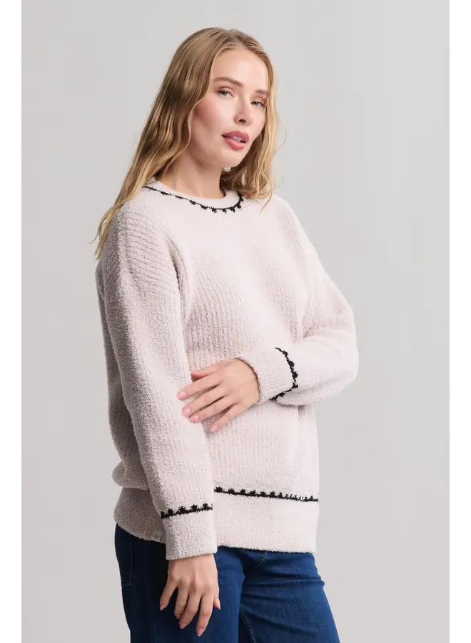 Cozychic Ribbed Sweater with Blanket Stitch -