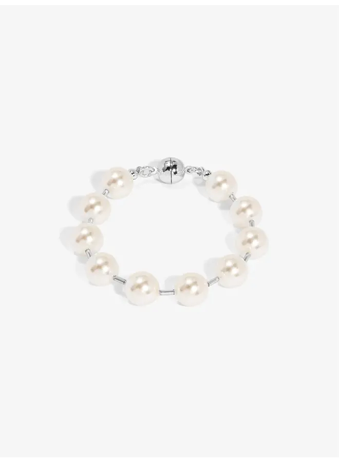 Pearl Beaded Bracelet with Spacers - Rhodium