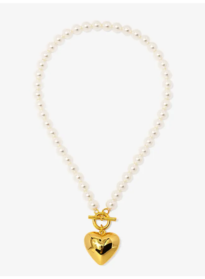 Heart Charm Pearl Collar Necklace -